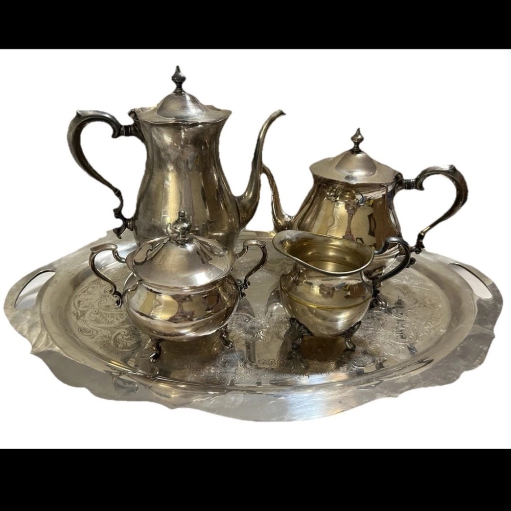 Vintage Poole Silver Co EPC Silverplate Tea Coffee Set Tray 5 Pc Victorian Style